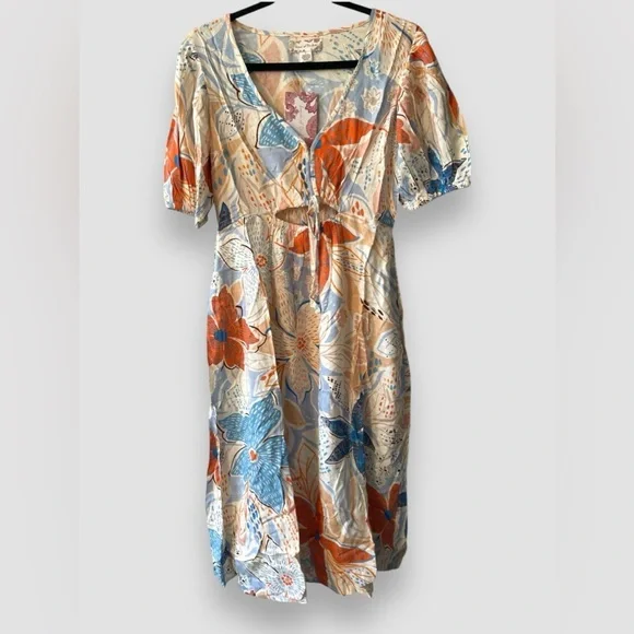 Band Of The Free Sky Blue Sand Floral Dress Size Small V-Neck & Puff Sleeve NWT - Picture 3 of 12